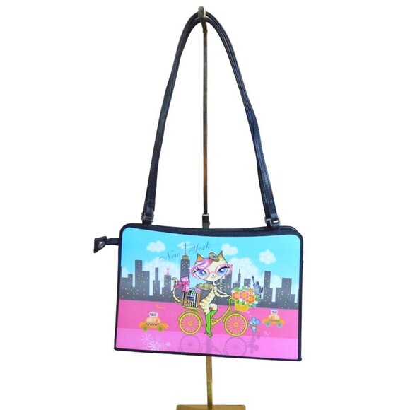 Vintage Y2K New York Cat Print Shoulder Bag With Black Straps Zipper Closure - Picture 1 of 8